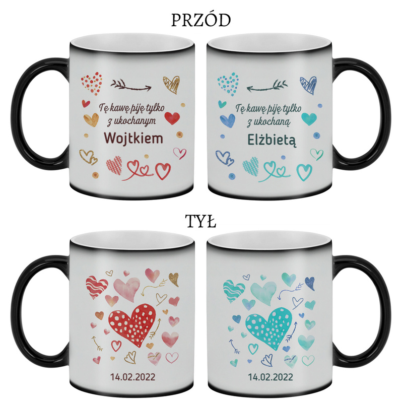 Zestaw na walentynki: 2 magiczne kubki matowe z imionami i nadrukiem