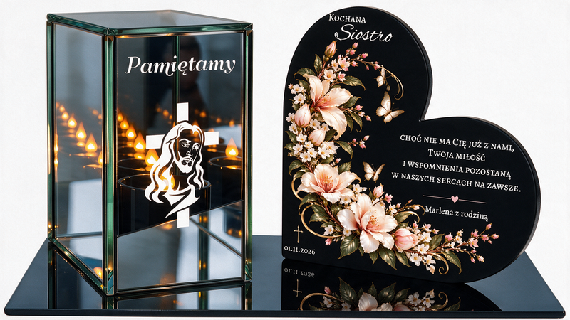 Zestaw nagrobny z personalizowaną tabliczką i świeczką LED