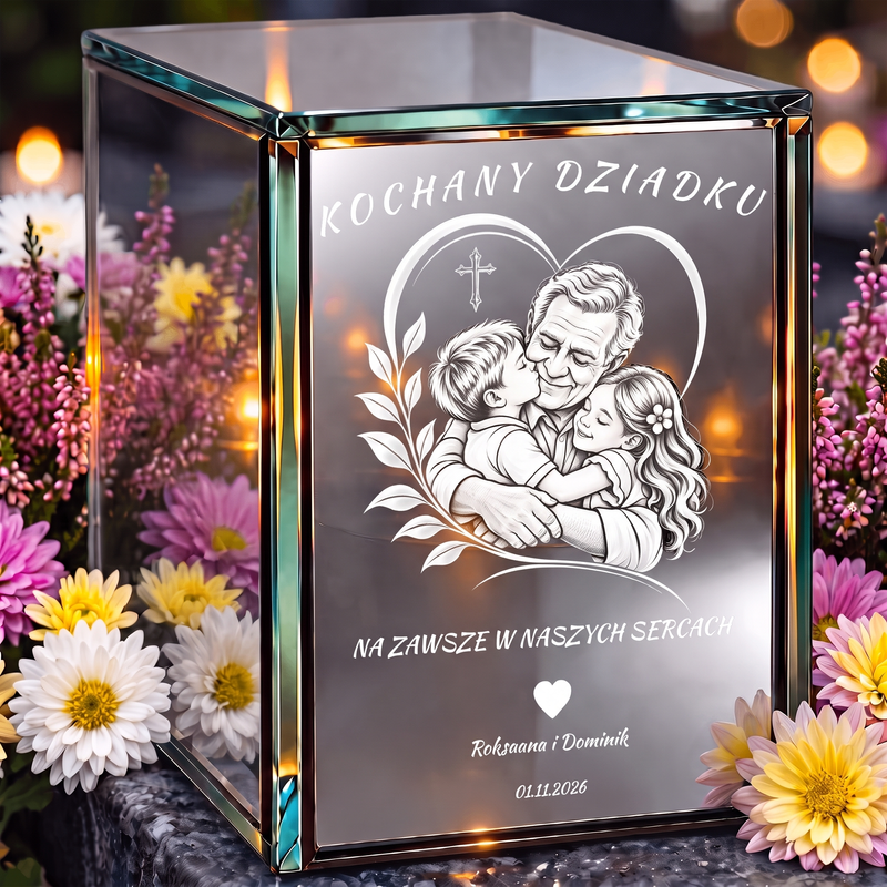 Personalizowany lampion lustrzany 3D LED dla Dziadka z grawerem – Dziadek z wnukami „Na zawsze w naszych sercach”