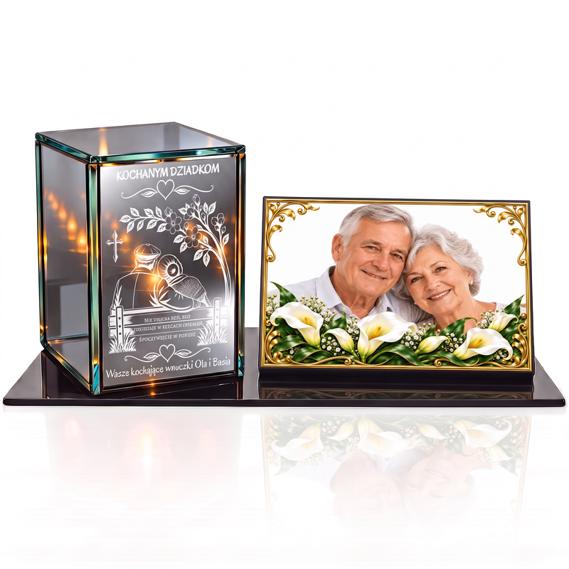Personalizowany zestaw nagrobny dla Dziadków – lampion lustrzany 3D LED z grawerem i tabliczką ze zdjęciem