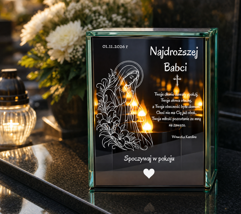 Personalizowany lampion lustrzany 3D LED dla Babci – grawerowana pamiątka z dedykacją i efektem nieskończonego płomienia