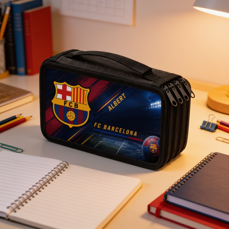 Personalizowany piórnik czterokomorowy FC Barcelona z imieniem – piórnik dla fana piłki nożnej