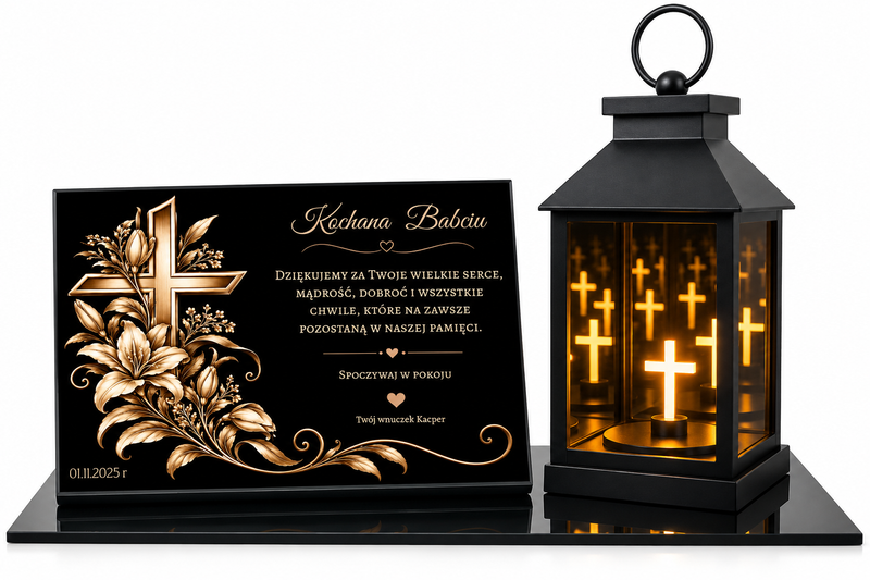 Zestaw nagrobny z personalizowaną tabliczką i świeczką LED