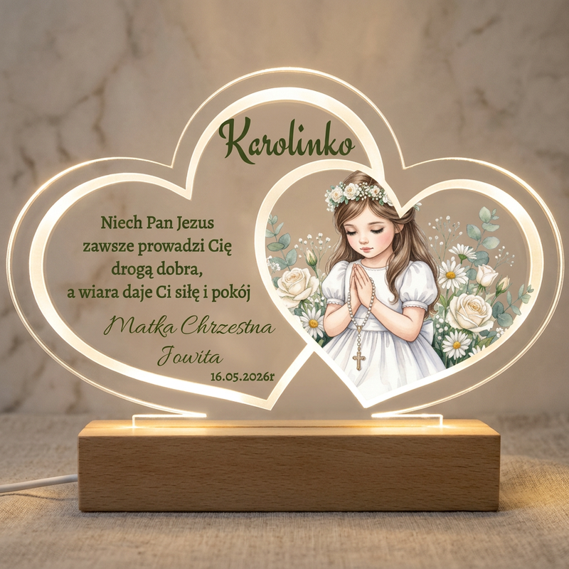 Personalizowana lampka LED „Podwójne Serce” ze zdjęciem i życzeniami – Pamiątka Komunii Świętej