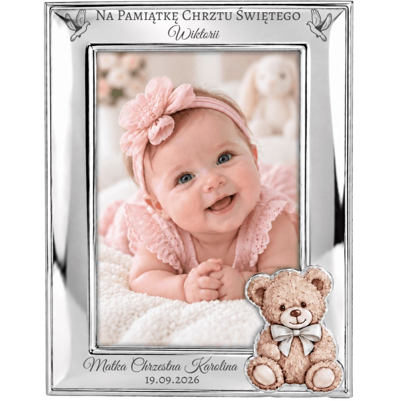Personalizowana posrebrzana ramka na zdjęcie 9 × 13 cm Valenti – pamiątka Chrztu Świętego z grawerem