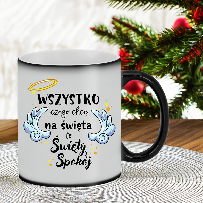 Magiczny kubek Świętego Spokoju na Mikołaja zmienia kolor z nadrukiem
