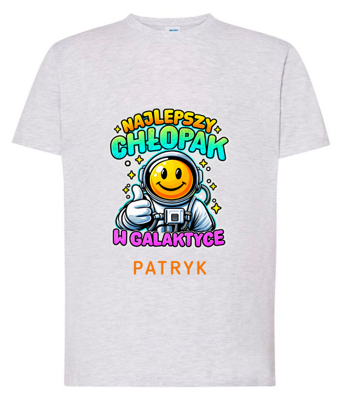 Personalizowana koszulka męska „Najlepszy Chłopak w Galaktyce” – jasnoszary T-shirt z imieniem