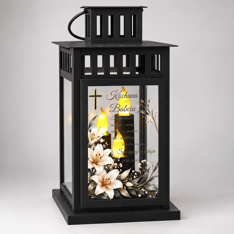 Personalizowany lampion na grób z dedykacją + wkład LED Trio – czarny 28 cm