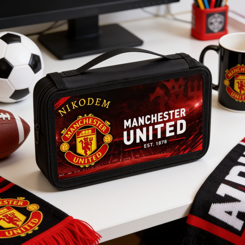 Personalizowany piórnik czterokomorowy Manchester United z imieniem – piórnik dla fana piłki nożnej