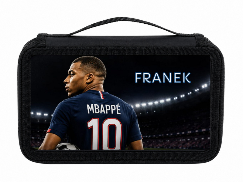 Personalizowany piórnik czterokomorowy z motywem Mbappé i imieniem – piórnik dla fana piłki nożnej