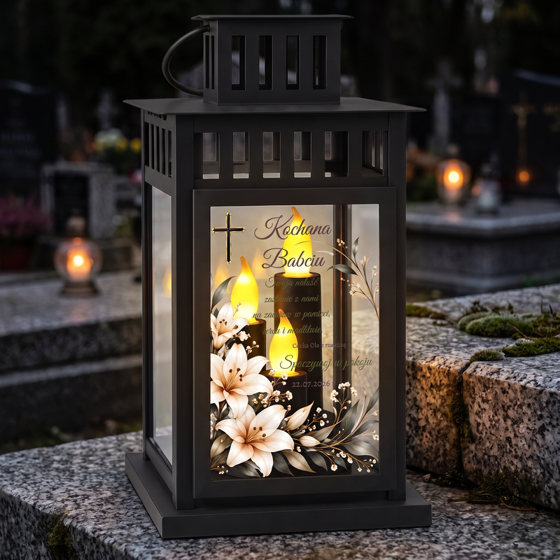 Personalizowany lampion na grób z dedykacją + wkład LED Trio – czarny 28 cm