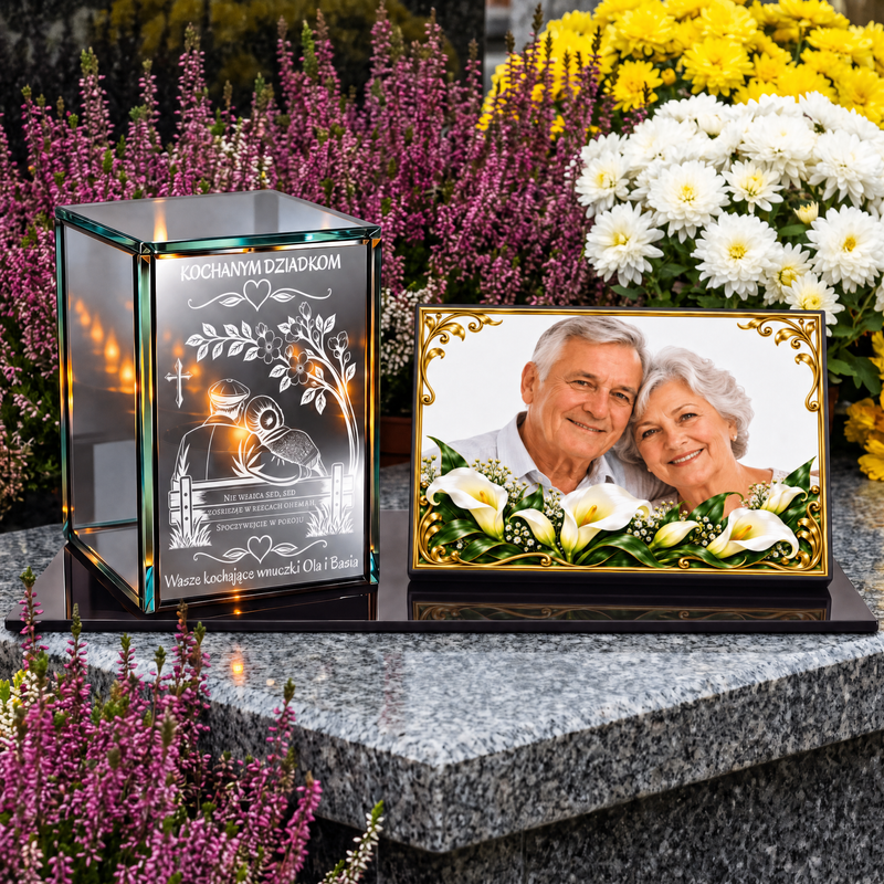 Personalizowany zestaw nagrobny dla Dziadków – lampion lustrzany 3D LED z grawerem i tabliczką ze zdjęciem