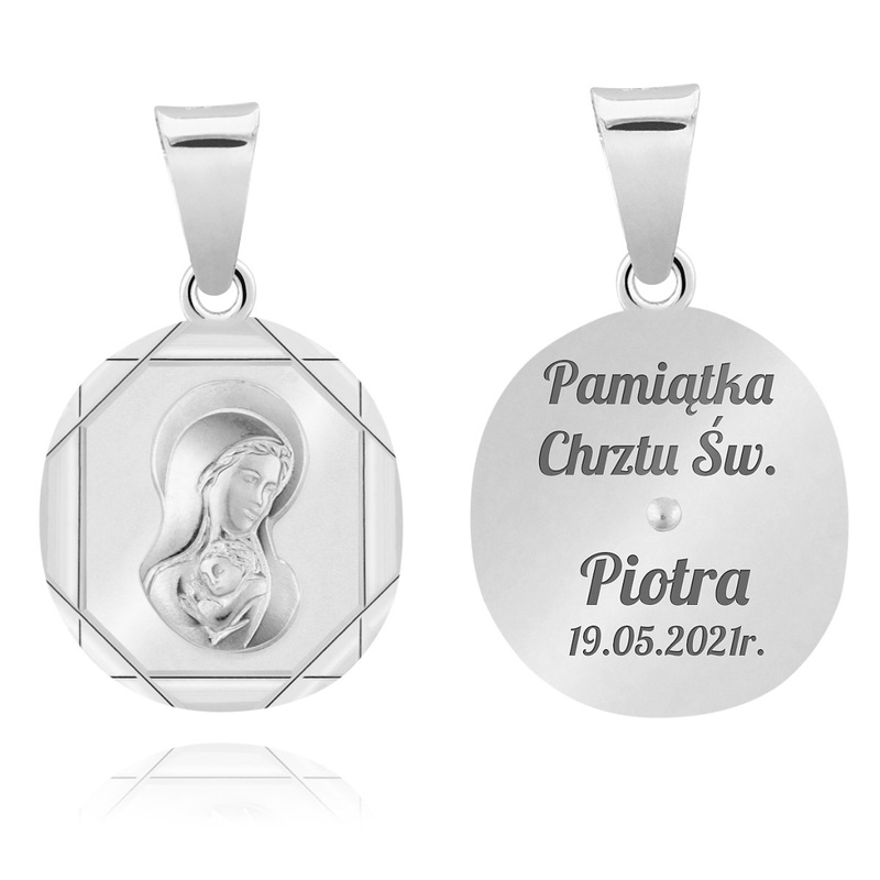 Srebrny 925 medalik Matka Boska z Dzieciątkiem Grawer Chrzest Komunia 