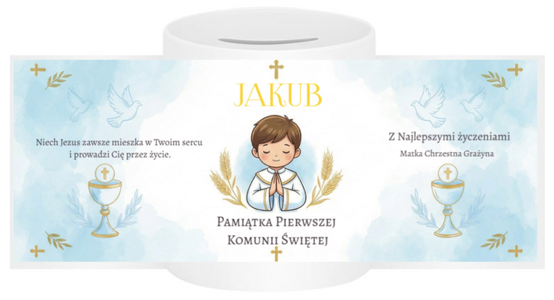 Ceramiczna skarbonka komunijna z imieniem i dedykacją – pamiątka Pierwszej Komunii Świętej