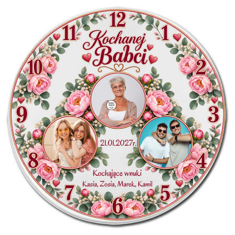 Personalizowany zegar ze zdjęciami dla Babci, Dziadka lub Babci i Dziadka 20cm