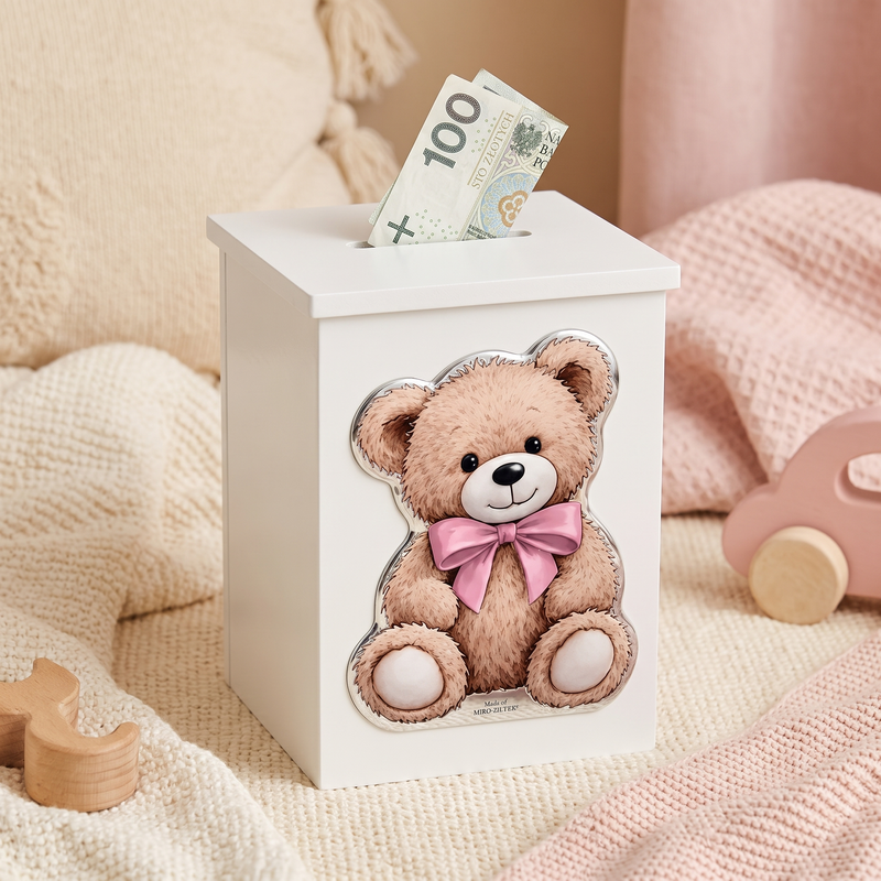 Personalizowana skarbonka z misiem Valenti – pamiątka Chrztu Świętego z grawerem