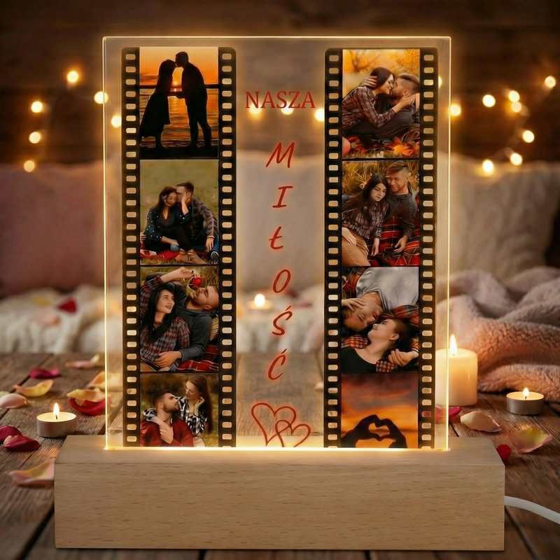 Lampka LED z kliszą filmową i zdjęciami – personalizowana „Nasza Miłość”