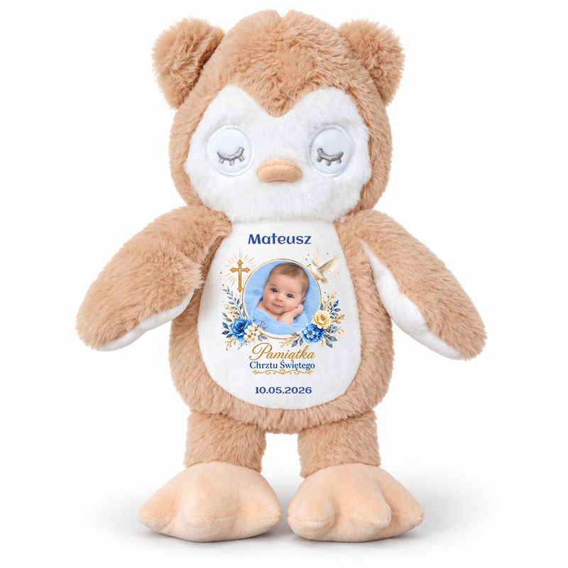Sowa Pluszowa 25 cm z Personalizacją - Prezent dla chłopca na Chrzest, Roczek, Urodziny