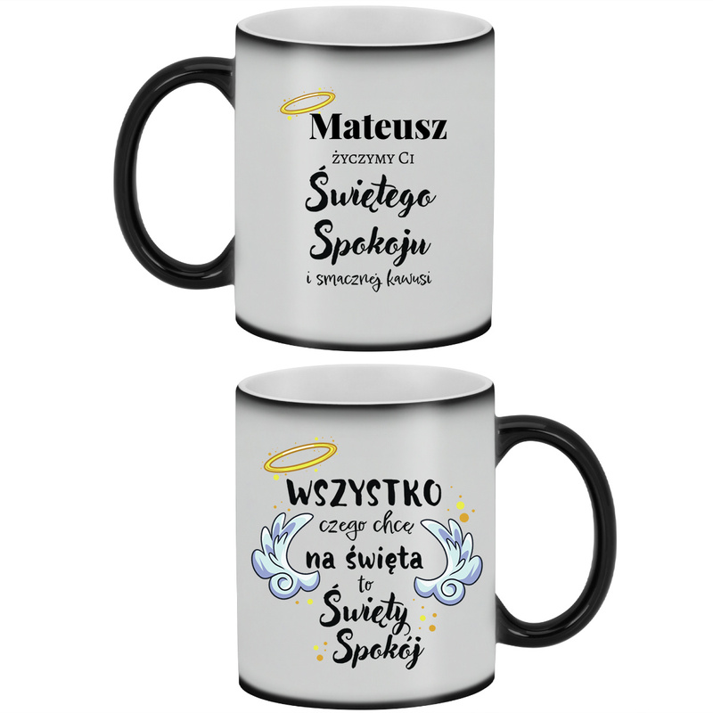 Magiczny kubek Świętego Spokoju na Mikołaja zmienia kolor z nadrukiem