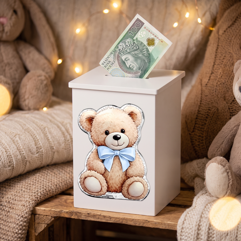 Personalizowana skarbonka z misiem Valenti z metryczką chłopca – prezent na narodziny z imieniem
