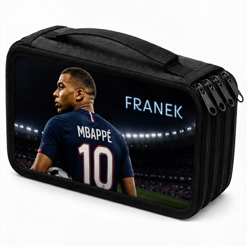 Personalizowany piórnik czterokomorowy z motywem Mbappé i imieniem – piórnik dla fana piłki nożnej