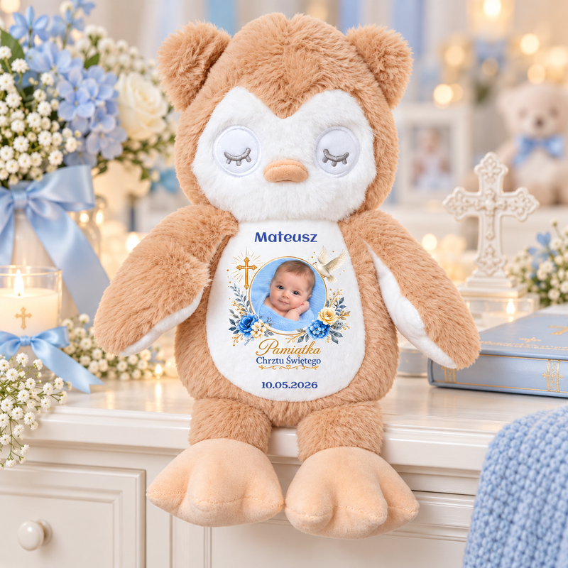 Sowa Pluszowa 25 cm z Personalizacją - Prezent dla chłopca na Chrzest, Roczek, Urodziny