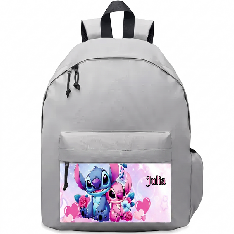 Personalizowany szary plecak Stitch i Angel z imieniem – plecak szkolny dla dziewczynki