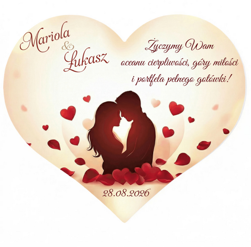 Personalizowany prezent na ślub – czerwone róże pod szklaną kopułą LED z naklejką serce