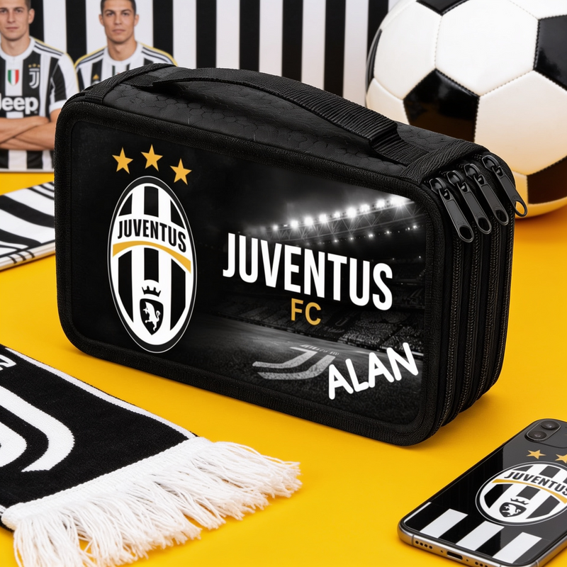 Personalizowany piórnik czterokomorowy Juventus z imieniem – piórnik dla fana piłki nożnej
