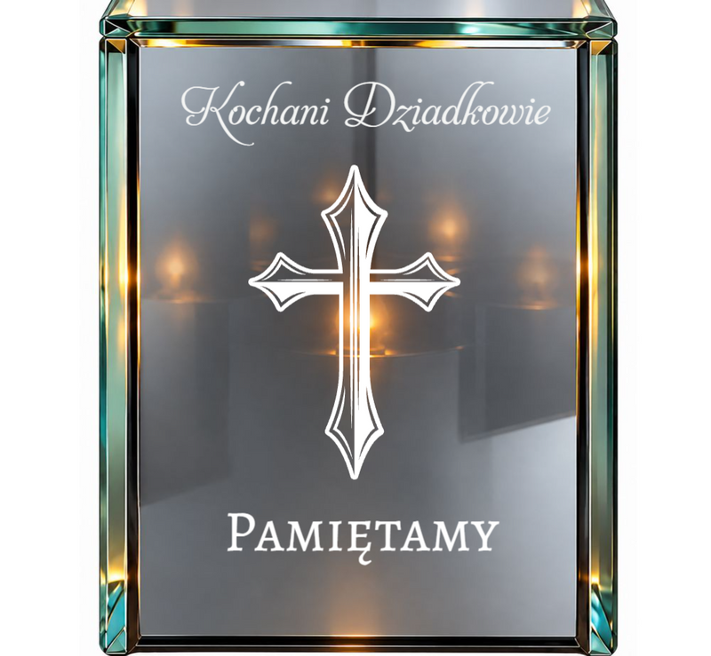 Personalizowany zestaw nagrobny dla Dziadków – lampion lustrzany 3D LED z grawerem i tabliczką z dedykacją